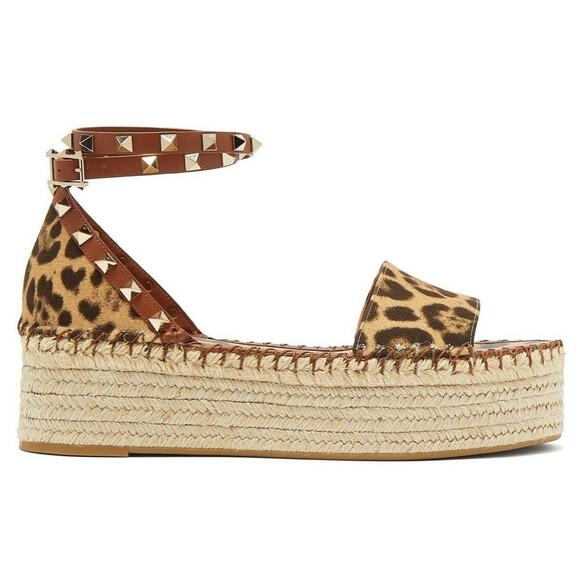 Valentino Rockstud Leopard Black Ankle Strap Platform Espadrille Wedge Sandal 38 - Picture 1 of 11